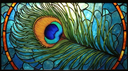 Intricate stained glass art featuring a vibrant peacock feather eye pattern