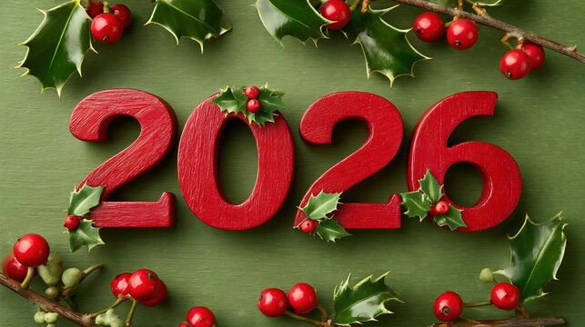 Red wooden numbers of the new year 2026 decorated with holly on green background
