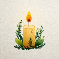 Hand painted candle with flame is surrounded by green leaves and pine needles on textured paper