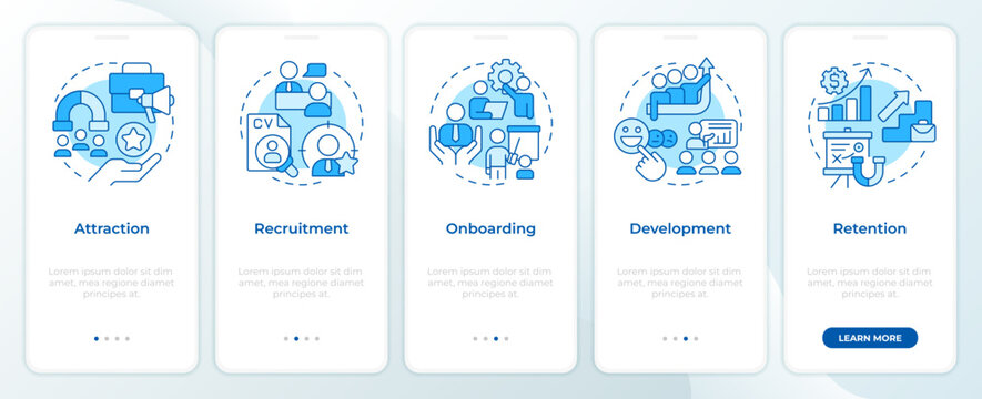 Employee lifecycle blue onboarding mobile app screen. Corporate career. Walkthrough 5 steps editable graphic instructions with linear concepts. UI, UX, GUI. Montserrat SemiBold, Regular fonts used