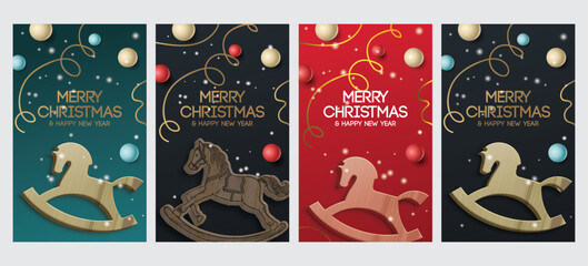 Merry Christmas and Happy New Year. Cute vector illustrations of Christmas tree balls, decorations, rocking horse, snow for greeting card and icons.