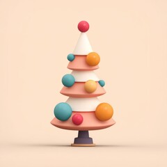 Stylized Christmas tree with pink and white tiers decorated with colorful spheres on a beige