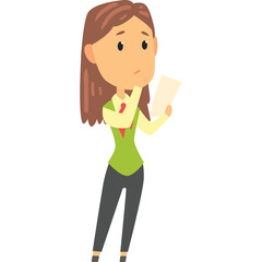 Confused Young Woman With Brown Hair Wearing Green Vest Red Tie and Gray Pants Holding Paper Looking Concerned Thinking About Information on Document With Transparent Background Simple Illustration