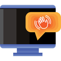 Computer Monitor Displaying A Notification Bubble With A Waving Hand Icon Over A Transparent Background And A Dark Screen With A Blue Base
