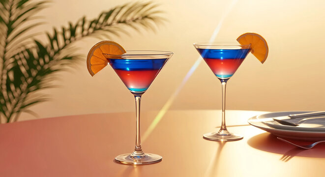 Two layered cocktails with orange slices on a table with warm lighting