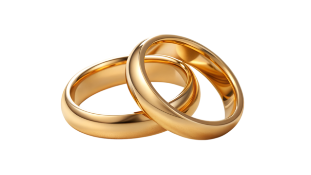 Two elegant gold wedding rings intertwined against a black background