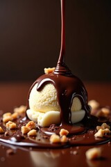 Delicious scoop of vanilla ice cream being drizzled with rich chocolate sauce and nuts
