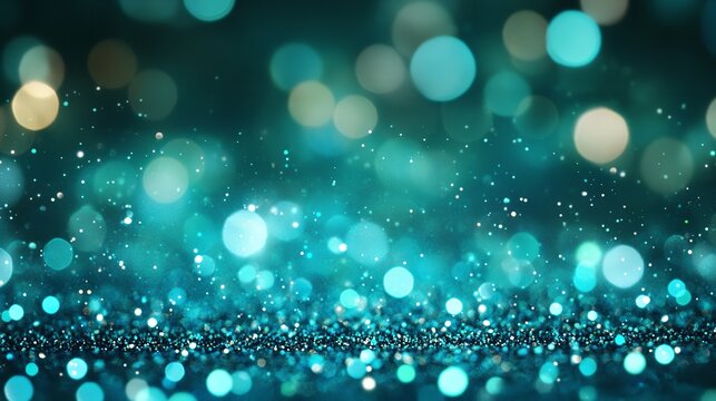 Abstract teal glitter sparkle background with bokeh lights for festive or christmas design