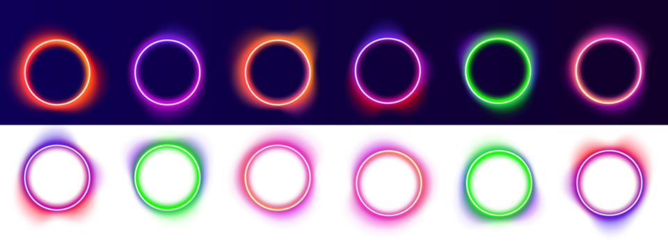 Abstract neon gradient round frame with smooth iridescent highlights glows on a transparent background, perfect for futuristic designs and holographic effects. PNG format ready.