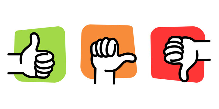 Ic&ocirc;nes d&rsquo;&eacute;valuation avec pouces lev&eacute;s, neutres et baiss&eacute;s