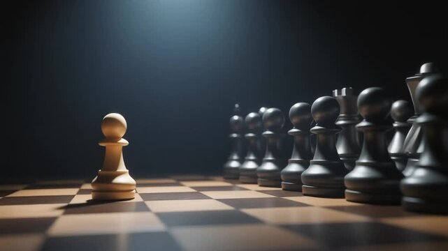 A single white chess pawn standing against a row of black chess pieces on a board with a spotlight shining down.