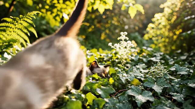 Kitten running freely through sun dappled woodland, capturing the carefree concept of unbridled playfulness and childhood wonder, perfect for joyful background videos or playful advertisements.