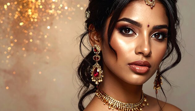 A beautiful woman of South Asian descent, adorned with opulent gold jewelry and elaborate makeup