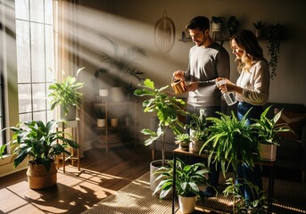 Couple tending to their indoor plants, enjoying natural sunlight at home