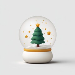 Green Christmas tree with yellow star in a snow globe with floating stars against a white background