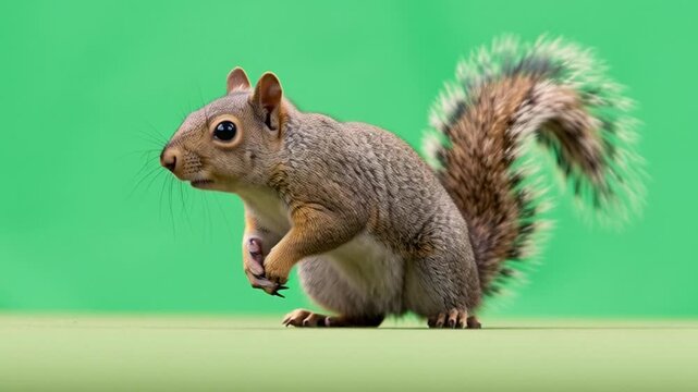 Energetic squirrel captures nut mid-air against vibrant green screen background footage