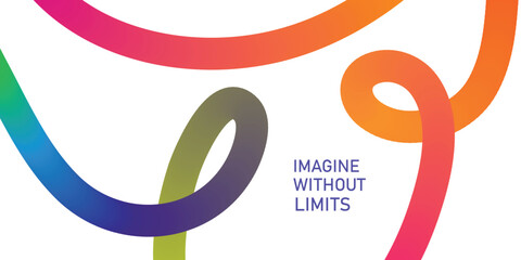 Abstract flowing gradient ribbons in vibrant rainbow colors with inspirational text Imagine Without Limits on white background