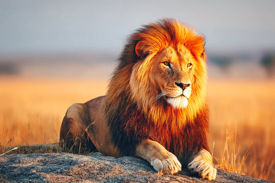 Lion resting on a rock in the savannah during sunset Generative AI