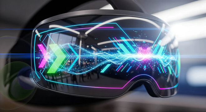 Closeup of a futuristic virtual reality headset with glowing neon lights and digital data streams