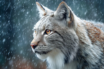 Obraz premium Intense lynx gazes through falling snow in a wintery forest scene Generative AI