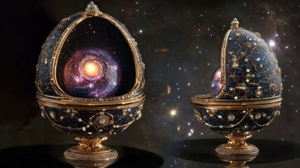 Faberge egg, impossibly intricate, enameled and jeweled, opening to reveal a miniature, clockwork galaxy, royal treasury lighting