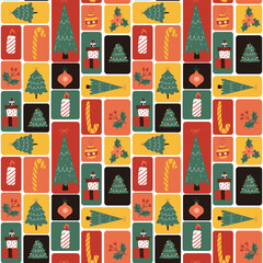 A bold, retro-inspired seamless pattern featuring various Christmas elements—trees, candles, and candy canes—arranged in a fun, colorful block and rectangle grid.