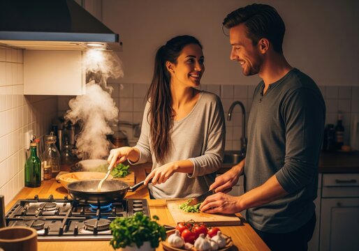 Smiling couple preparing a homemade meal, sharing a sweet and intimate kitchen moment - Powered by Adobe