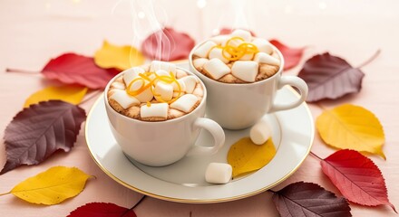 Two mugs of hot chocolate with marshmallows and autumn leaves