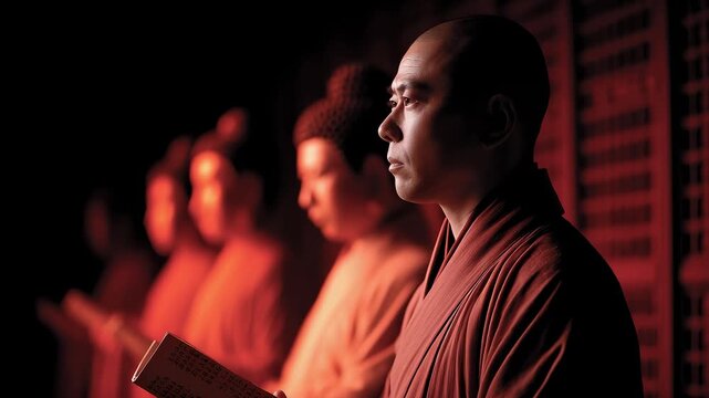 Solemn scene of Tang Dynasty monks chanting prayers