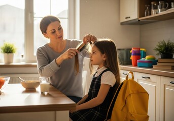 Mother brushing daughter's hair in kitchen before school