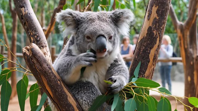 A koala bear peacefully munches on leaves in a tree, embodying the concept of harmonious coexistence with nature, perfect for uses such as advertising relaxation products or promoting a sense of.