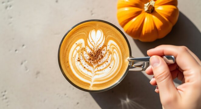 Latte art coffee cup with pumpkin decoration