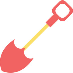 Coral Red Toy Beach Shovel With Yellow Handle And White Background Designed For Children Playing In Sand On A Sunny Day