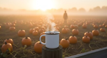 Pumpkin patch with steaming mug at sunrise