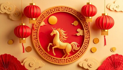 Obraz premium Circular paper cut frame of lanterns, coins, and the fire horse