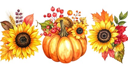 Autumn Harvest - Watercolor Pumpkin and Sunflower Floral Arrangement.