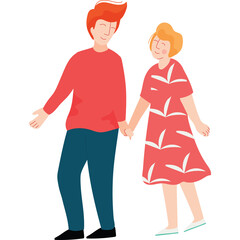 Couple Holding Hands Walking Together Red Outfits Simple Flat Illustration Style on Transparent Background