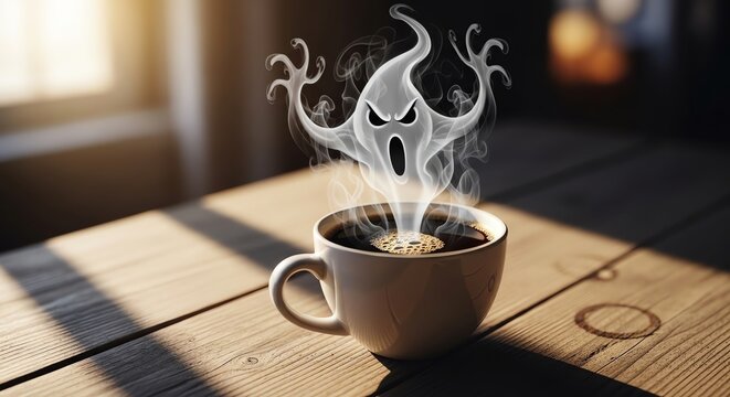 Coffee cup with steam shaped like a ghost
