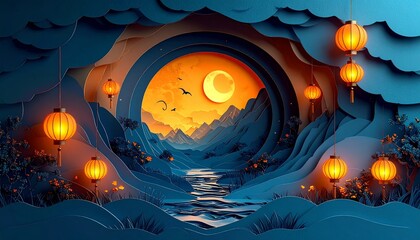Obraz premium Layered circular paper cut design with glowing lanterns and moon inside