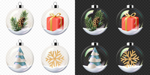 Set of Christmas and New Year transparent glass balls with snow, isolated. Equally suitable for dark and light backgrounds.