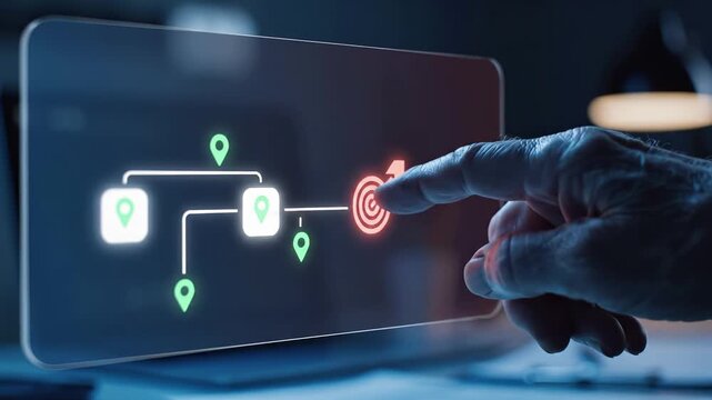 Hand touches red target on digital interface with green location pins and flowchart diagram. Logistics network visualization for delivery route planning, gps tracking, supply chain management