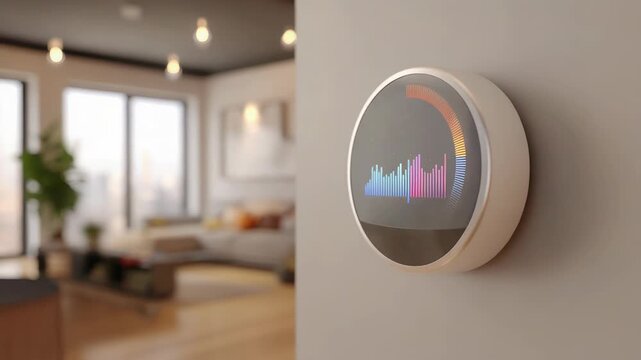 Smart thermostat adjusting room temperature with interactive display in modern living room.