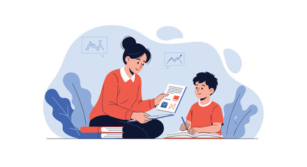 A smiling female tutor assists a young schoolboy with his lessons, guiding him through documents while he writes in his notebook.