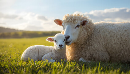 Obraz premium cute fluffy lamb with white wool and gentle brown eyes lying on green grass field under sunlight, representing innocence, peace, and the beauty of rural farm animal life