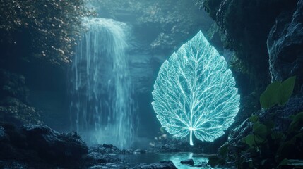 A leaf that has veins of pure light, as if infused with waterfall energy