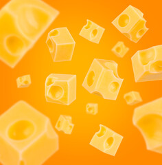 Flying cubes of Swiss cheese with round holes on bright orange background, dairy product concept with vibrant color and copy space for advertising, banner, or creative food design