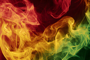 vibrant red yellow and green smoke waves blending together creating an abstract rhythmic flow and music energy