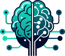 Abstract brain + circuit lines, neon teal + dark navy. silhouette vector icon , black and white , white background
