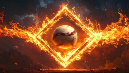 A baseball sits inside a fiery diamond-shaped portal, flames engulfing the background