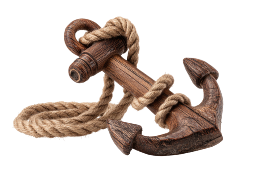 Wooden anchor, wrapped in rope, dark background